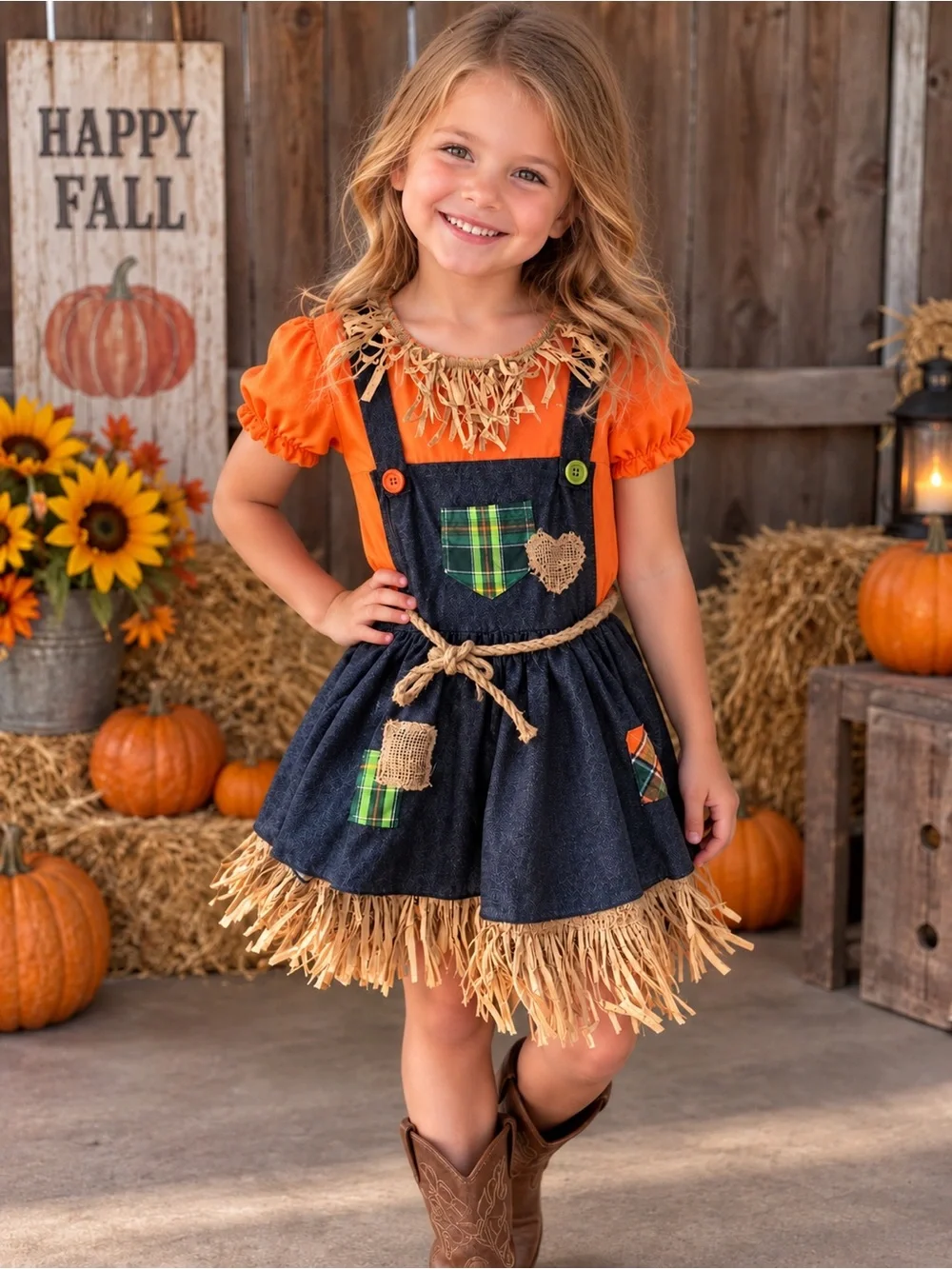 Fall Scarecrow Dress Costume for Kids - Orange and Navy